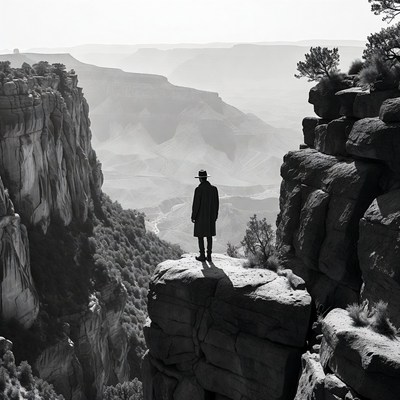 Man in trench coat overlooking Grand Canyon