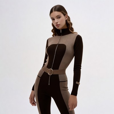 Woman in brown zip-up jumpsuit