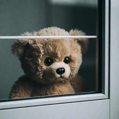 Teddy bear looking out window