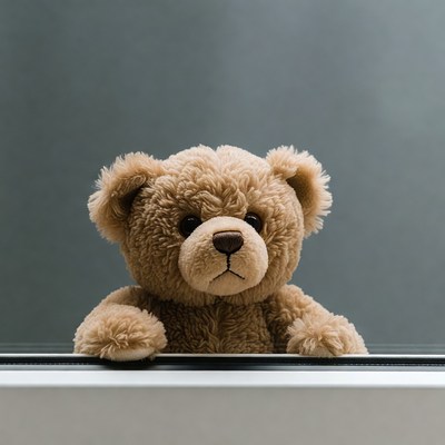 Teddy bear peering over windowsill