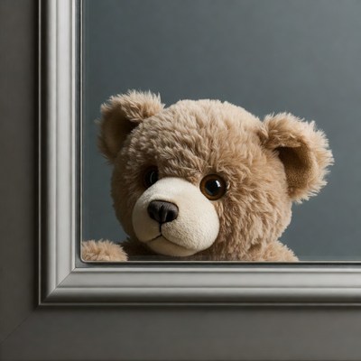 Teddy bear peeking from window frame