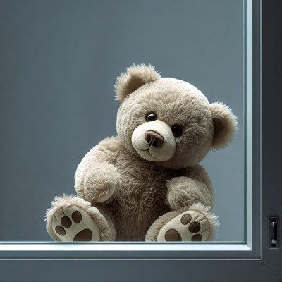 Teddy bear peeking through window