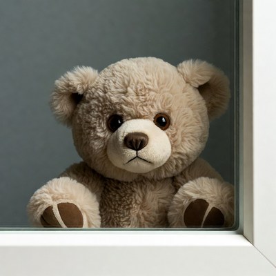 Teddy bear peeking through window