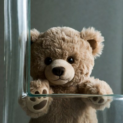 Teddy bear peeking from glass corner