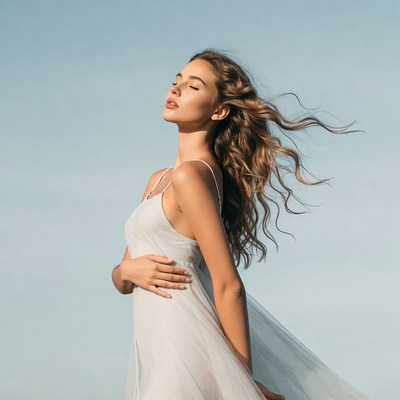 Woman in white dress with flowing hair