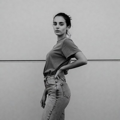 Woman posing in jeans against wall