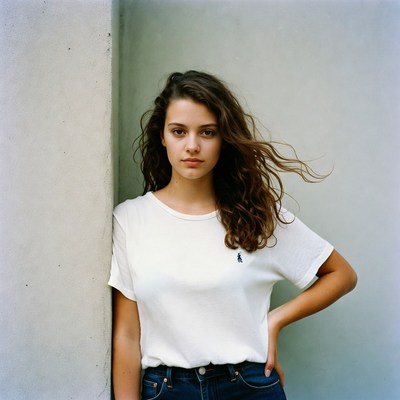 Young woman leaning against wall