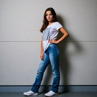 Teen girl posing in white t-shirt jeans