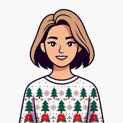 Smiling woman in Christmas tree sweater