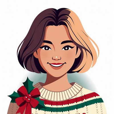 Asian woman in Christmas sweater smiling