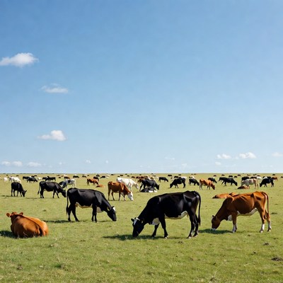 Herd of cows grazing in green field