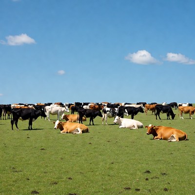 Herd of cows lying on green field