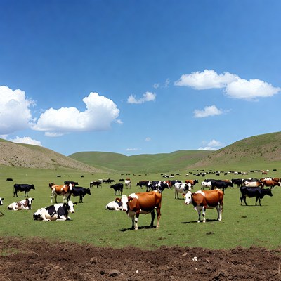 Herd of cows grazing green pasture