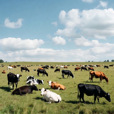 Herd of cows grazing green field