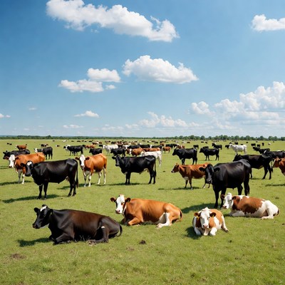 Herd of cows grazing in green field