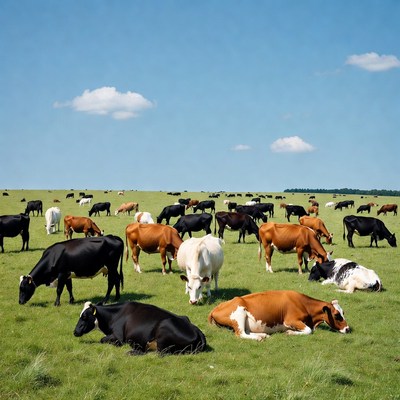 Herd of cows grazing in green field