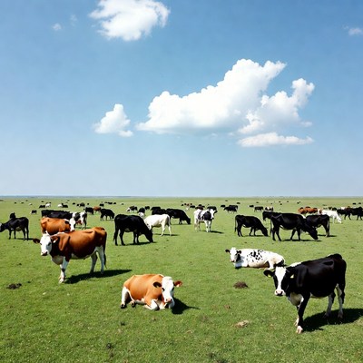 Herd of cows grazing green pasture