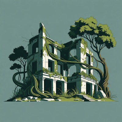 Ruined Building Overgrown with Vines and Trees