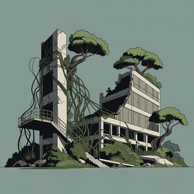 Ruined Building Overgrown with Vines and Trees