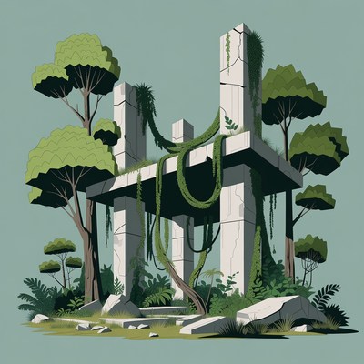 Ancient Ruins Covered in Vines and Trees