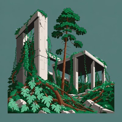 Ruined Concrete Arch with Overgrown Pine Tree