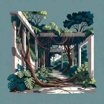 Ruined Building Overgrown with Vines and Trees