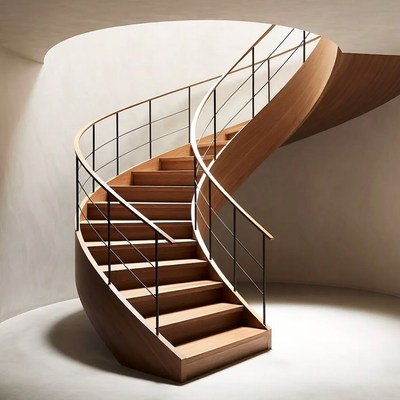 Wooden Spiral Staircase with Metal Railings