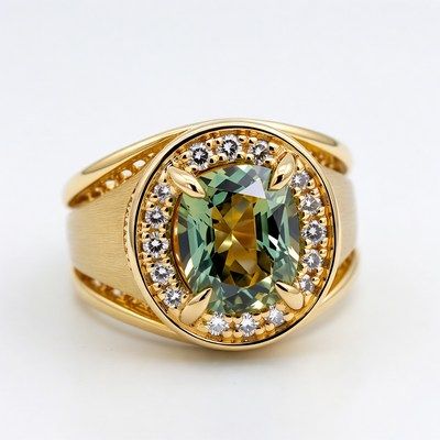 Gold Demantoid Garnet Ring with Diamonds