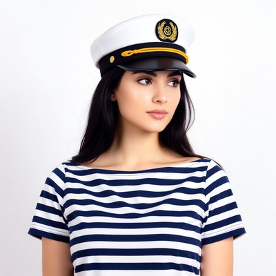 Woman wearing captain hat and sailor shirt