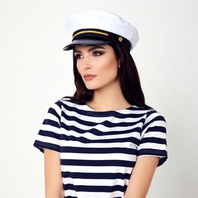 Woman wearing captain hat and striped shirt