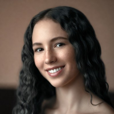 Smiling woman with curly black hair