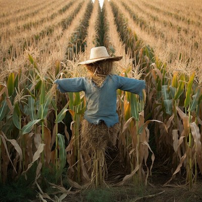 Scarecrow in cornfield