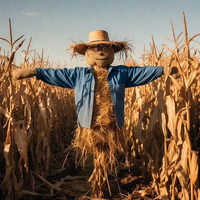 Scarecrow standing in cornfield