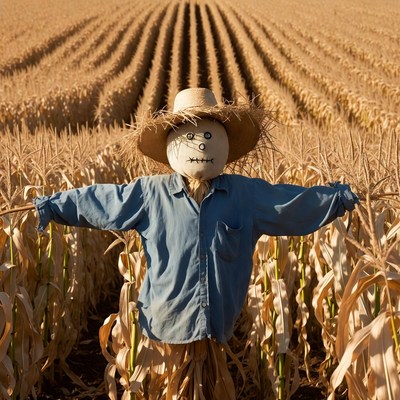Scarecrow in cornfield