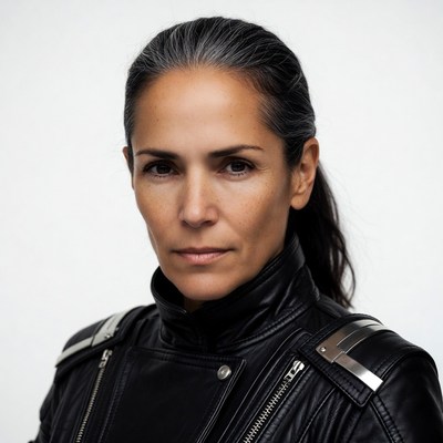 Woman in black leather jacket