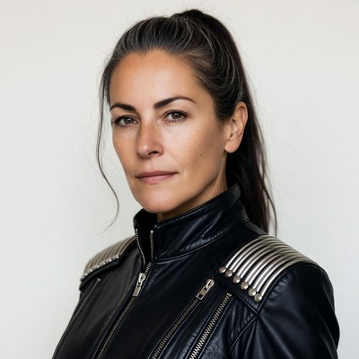 Woman in black leather jacket