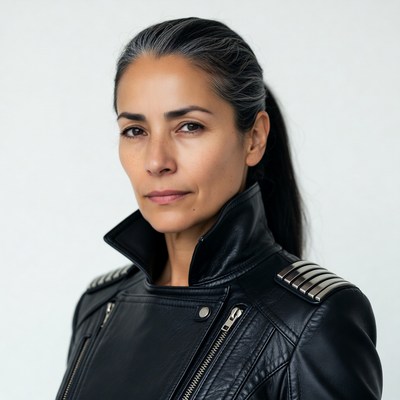 Woman in black leather jacket