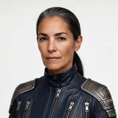 Woman in futuristic leather jacket