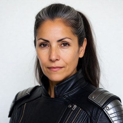 Woman in black leather sci-fi jacket
