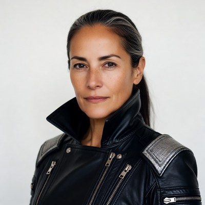 Woman in black leather jacket