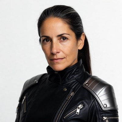 Woman in black leather shoulder armor