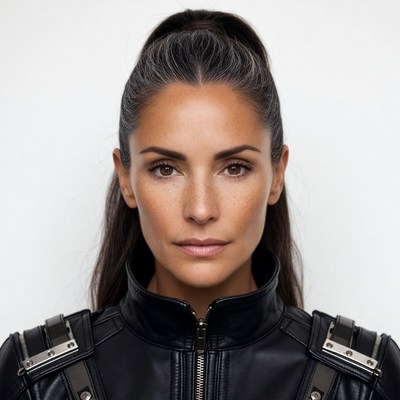 Woman in black leather jacket