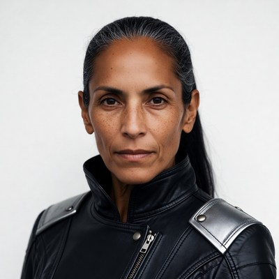 Woman in black leather jacket