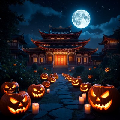 Halloween Pumpkins Leading to Japanese Temple
