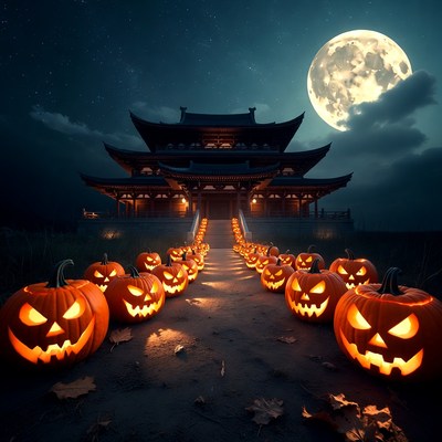 Halloween Pumpkins Leading to Japanese Temple