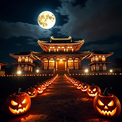 Halloween Pumpkins Leading to Japanese Temple