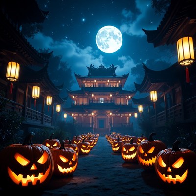 Halloween Pumpkins Leading to Pagoda