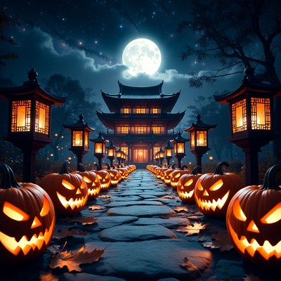 Halloween Japanese Temple with Jack-o-Lanterns