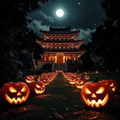 Japanese Temple with Jack-o-Lantern Path
