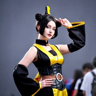 Woman in black yellow cosplay costume